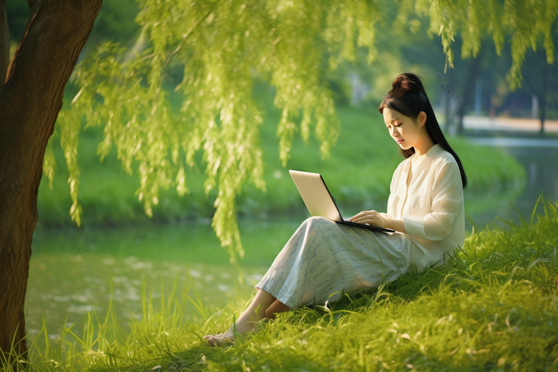 在公园树下看电脑的美女绿色背景,高清,摄影图,摄影图片,图片大全,摄影图免费下载
